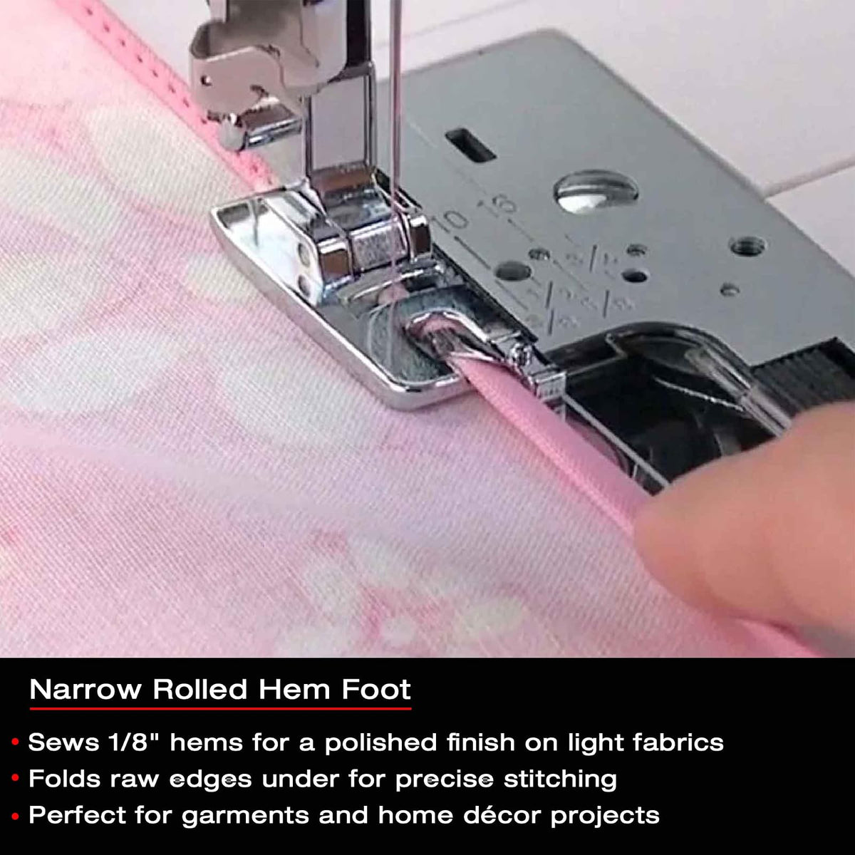 Singer | Narrow Rolled Hem Foot for Low-Shank Sewing Machines, 1/8 Inch Hem, Light to Medium Weight Fabrics, Couch Over Narrow Cord - Sewing Made Easy