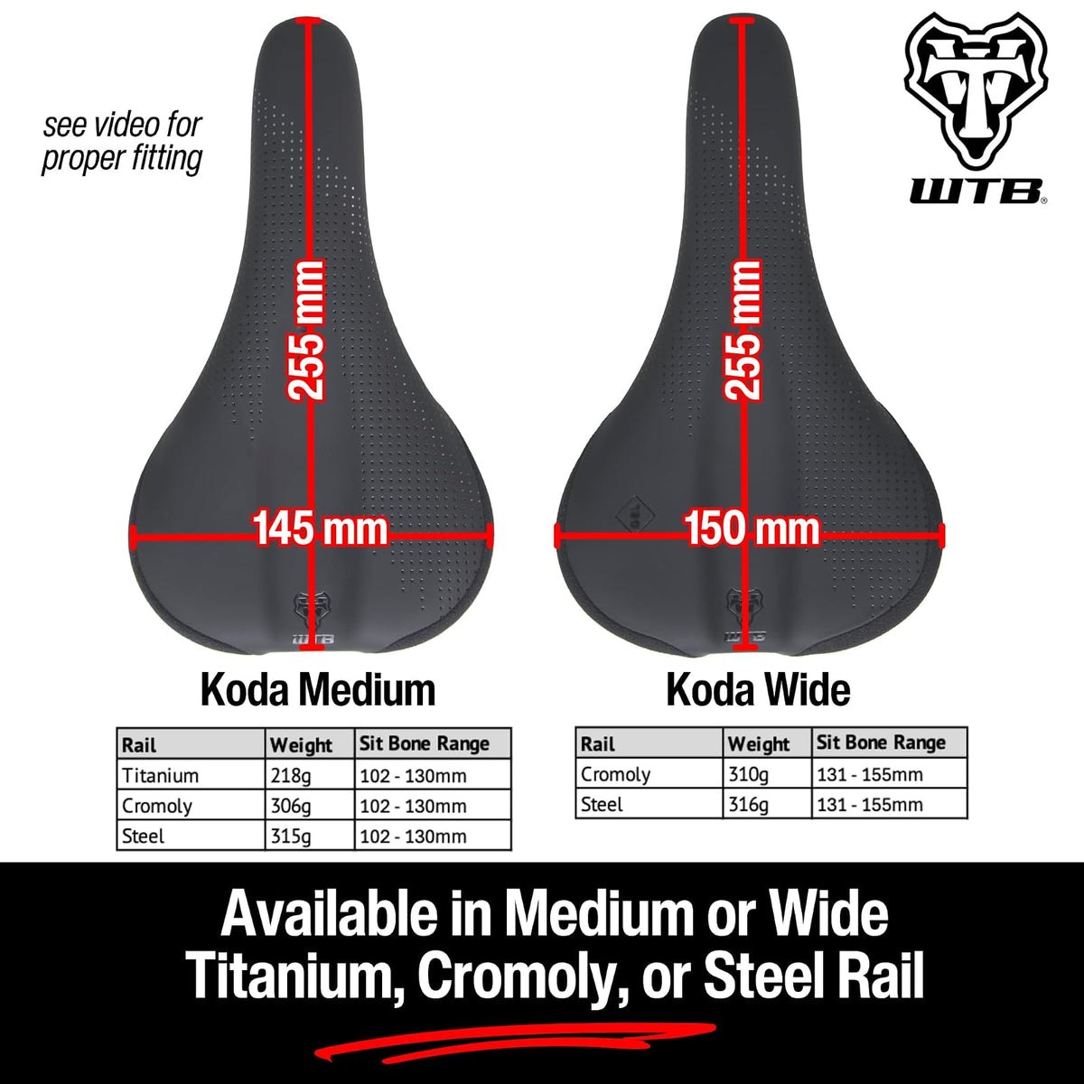 WTB Koda Bike Saddle, Comfortable Mountain Bike Saddle with Comfort Zone Pressure Relief, Gravel, Trail, Enduro, Bikepacking, Flat Nose, Medium or Wide, Titanium, Chromoly, or Stainless Steel Rails