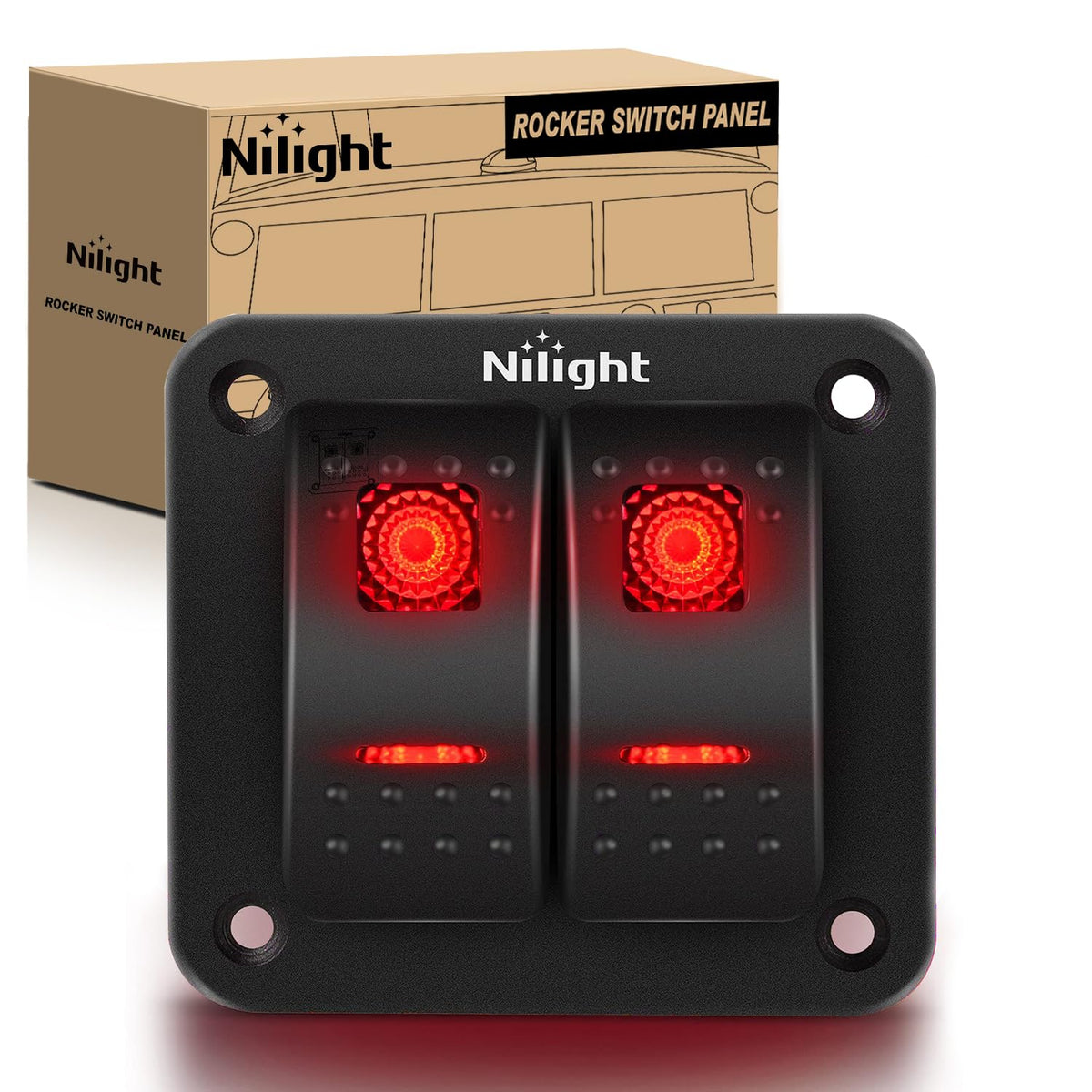 Nilight 90164B Panel de Interruptores Basculantes 2 Bandas 12 V/24 V CC Aluminio Rojo 5 Pines para Coches y ATV