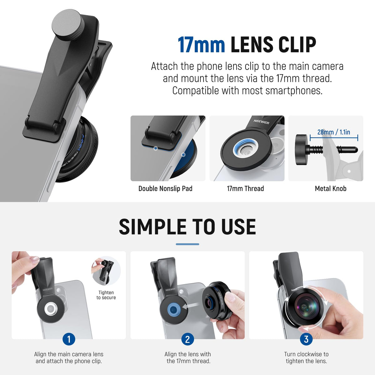 NEEWER 170° 14mm VR Fish Eye Lens con 17mm Rosca Lens Clip, Panoramic Ojo Pez para Live Streaming, Paisajismo Exterior, Arquitectura Compatible con iPhone 17 16 Pro MAX Android S25 Ultra, LS-77