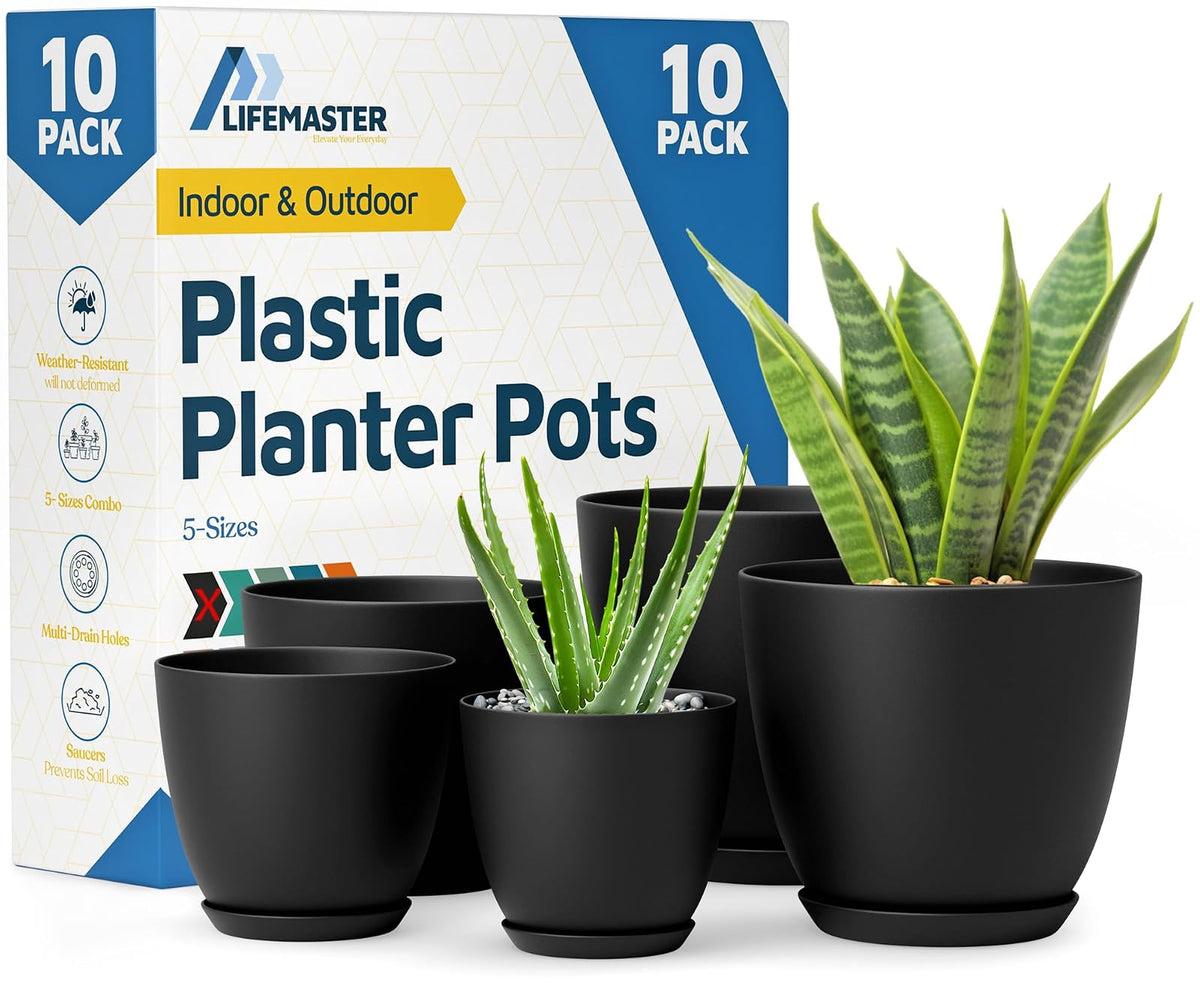 Plant Pots with Multi Drainage Holes - 10 Pieces Versatile, Sturdy Plastic, Stackable Design Home Decor Flower Pots for Indoor and Outdoor Gardening - Black