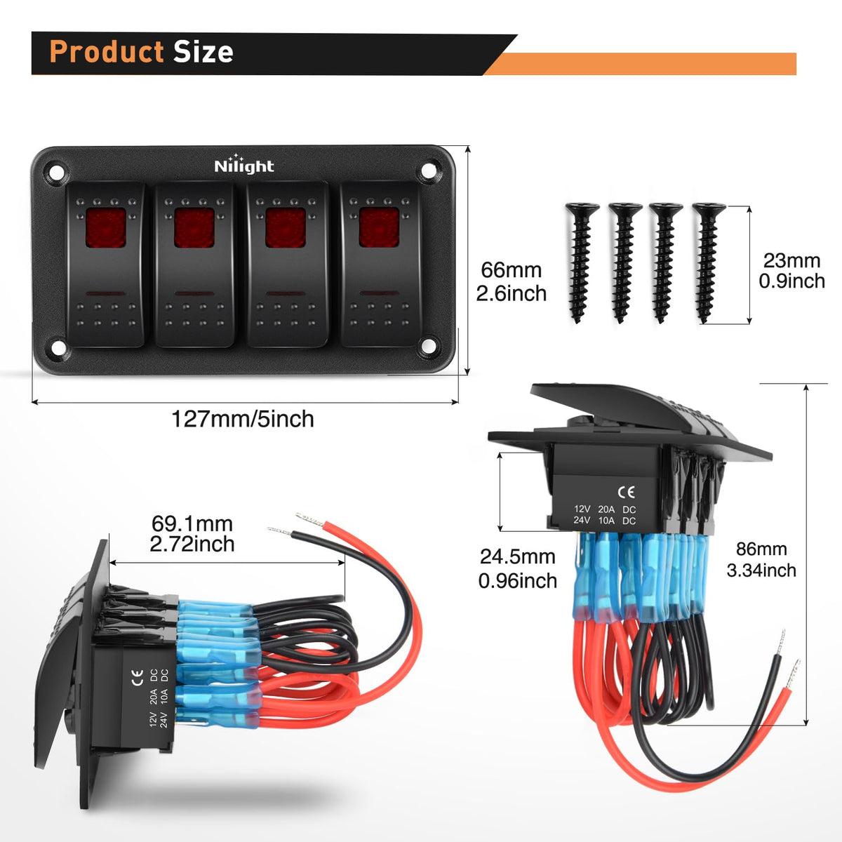 Nilight Panel de 4 Interruptores Basculantes 90135D, 5 Pines, Aluminio, 12/24 V, Retroiluminado Rojo