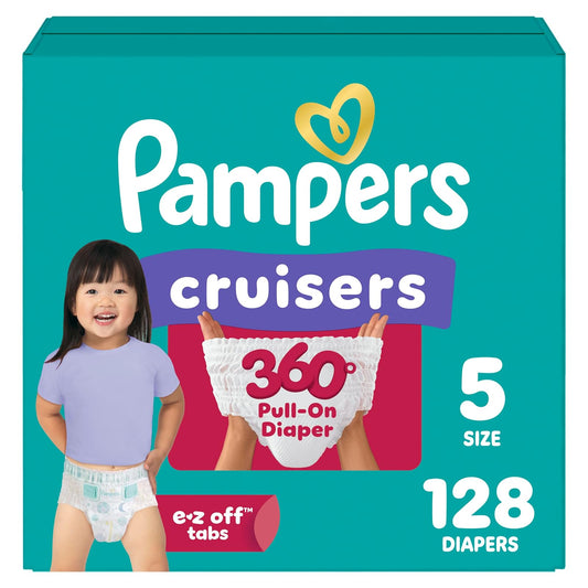Pañales Pampers Cruceros de tirar, ajuste 360° Pañales desechables para bebé con cintura elástica suministro de un mes (el embalaje puede variar), tamaño 5, 128 unidades