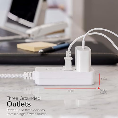 GE Pro Tira Multicontactos De 3 Salidas con Supresor de Picos, Enchufe Plano, Cable De Extensión Trenzado De 2.4 m (8 Pies) 250 Julios, Conectado a Tierra Certificacion UL, Blanco/Gris, 1 Unidad 38433