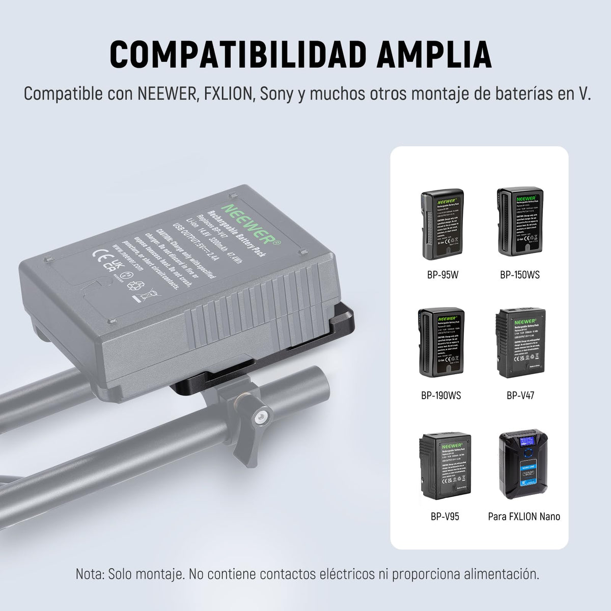 NEEWER Mini Placa de Batería con Montaje en V con Abrazadera Súper Cangrejo y Bloqueo QR para Trípode de Luz C Soporte Gimbal Columna y Varilla de 15mm,Compatible con FXLION Sony Batería,PS005
