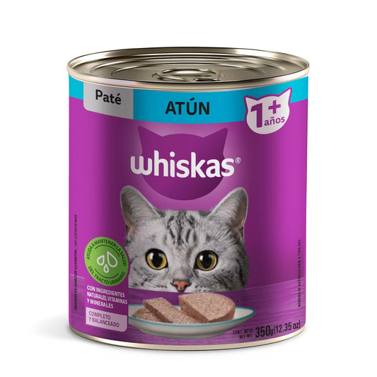 WHISKAS - Alimento para Gato Adulto en Lata, Sabor Atún, Vitamina A y Taurina, Paquete de 24 Piezas, 350g c/u,