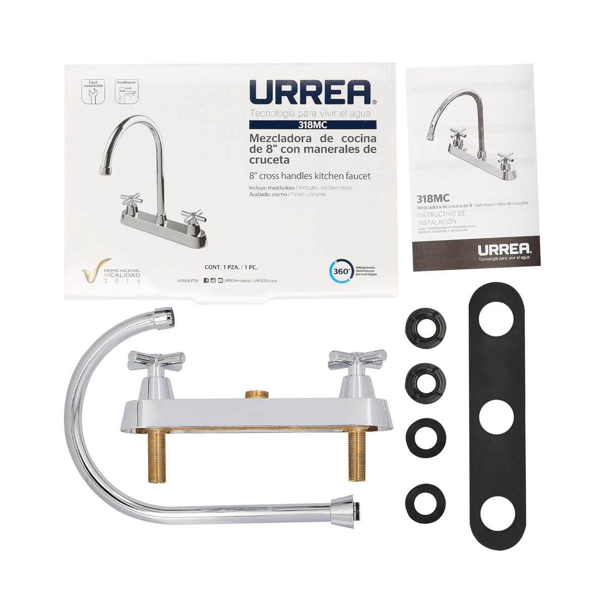 Urrea Mezcladora de 8" con Manerales de Cruceta, Acabado Cromo, 318MC
