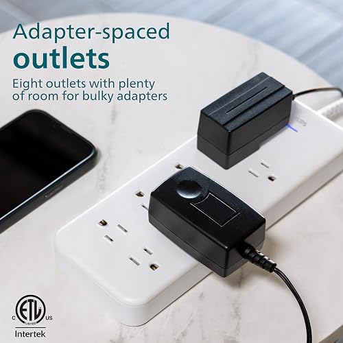 Philips EZFit - Tira de alimentación con Protector de sobretensiones de 8 Tomas, Cable de extensión Trenzado de 8 pies, Tomas ampliamente espaciadas, 2160 Julios, Enchufe Plano, para hogar, Oficina,