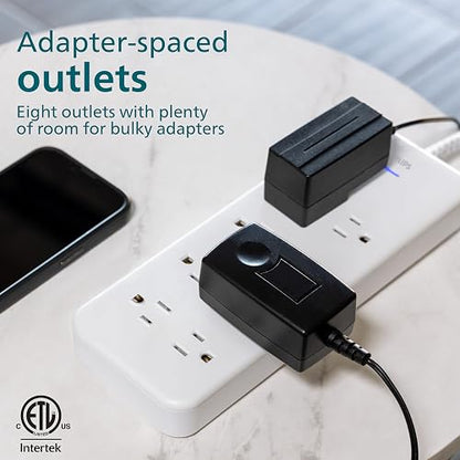 Philips EZFit - Tira de alimentación con Protector de sobretensiones de 8 Tomas, Cable de extensión Trenzado de 8 pies, Tomas ampliamente espaciadas, 2160 Julios, Enchufe Plano, para hogar, Oficina,