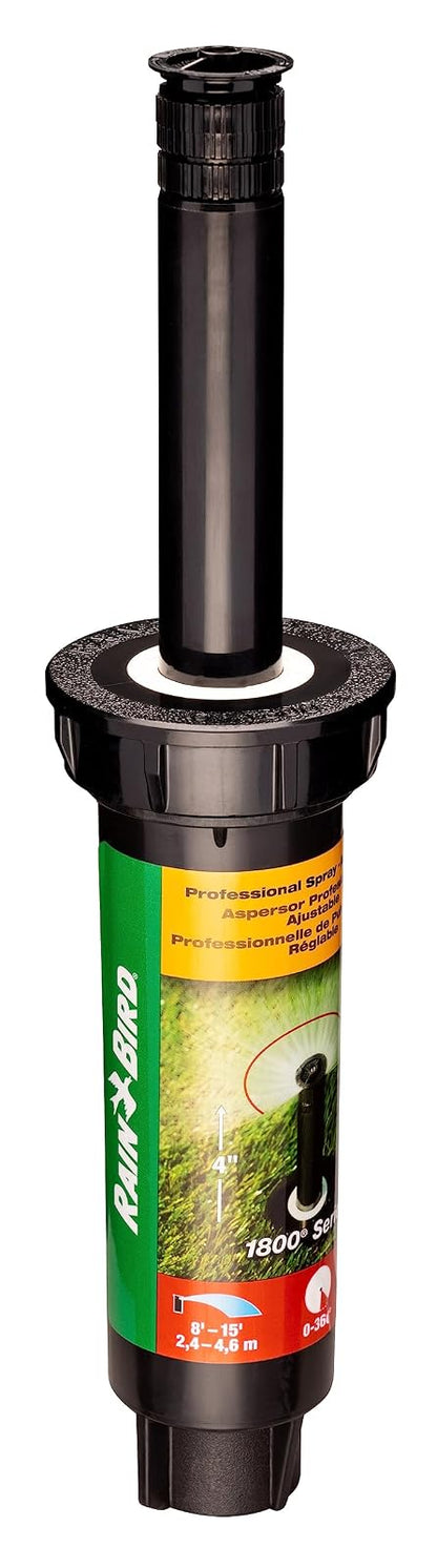 Rain Bird 1804VAN - Rociador emergente profesional, patrón ajustable de 0° a 360°, distancia de pulverización de 8 pies a 15 pies, altura desplegable de 4 pulgadas