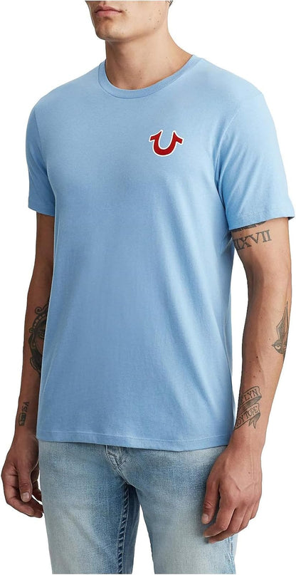 True Religion Men's Buddha Logo Short Sleeve Tee | Algodón suave, transpirable | Cuello redondo, ajuste clásico | Logotipo de pecho audaz | Camisetas gráficas para hombre - Oasis Azul - G
