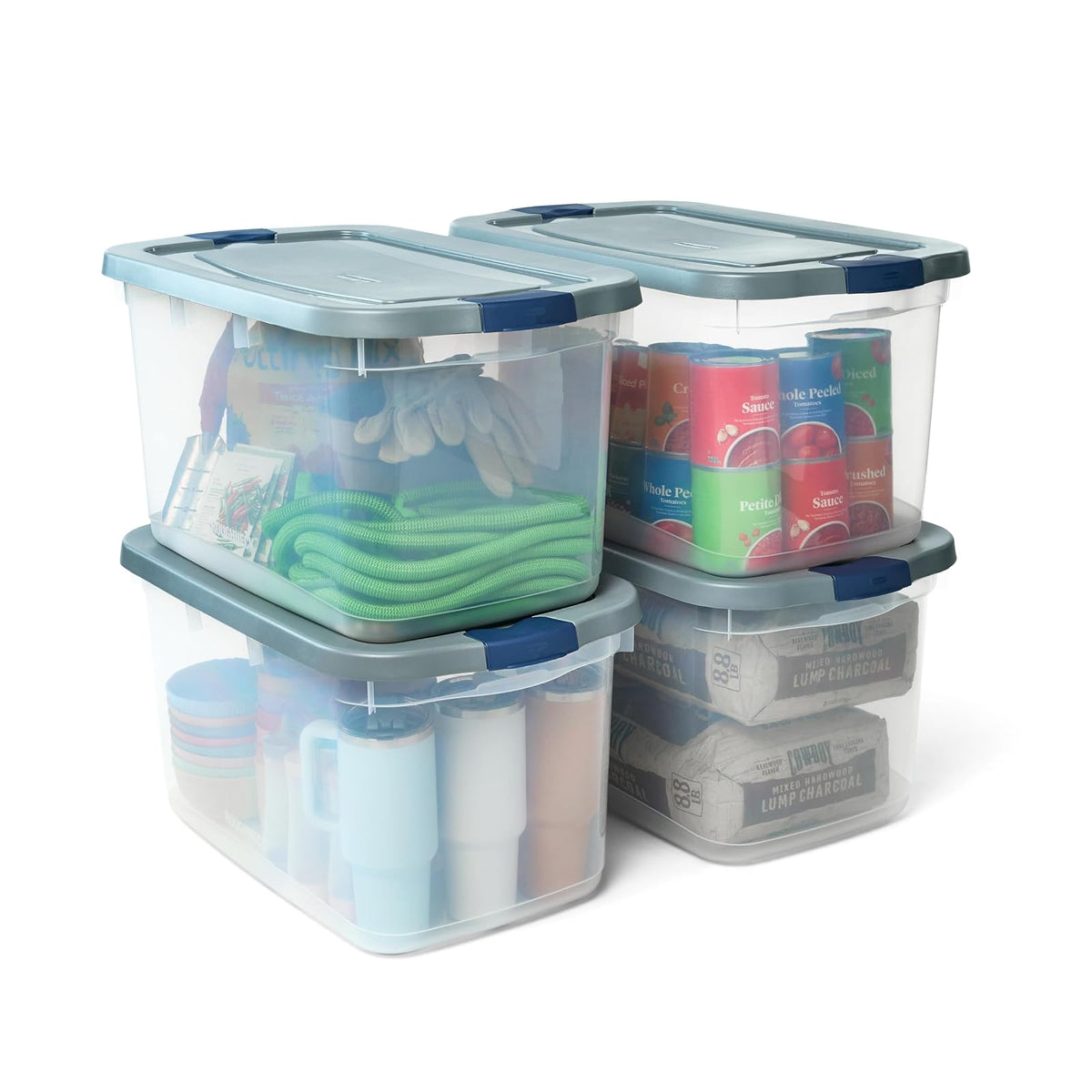 Rubbermaid Roughneck Clear 66 Qt/16.5 Gal Storage Containers, Pack of 4 with Latching Grey Lids, Visible Base, Sturdy and Stackable, Great for Storage and Organization - Tapas a presión - 66 Qt - 4 Pack