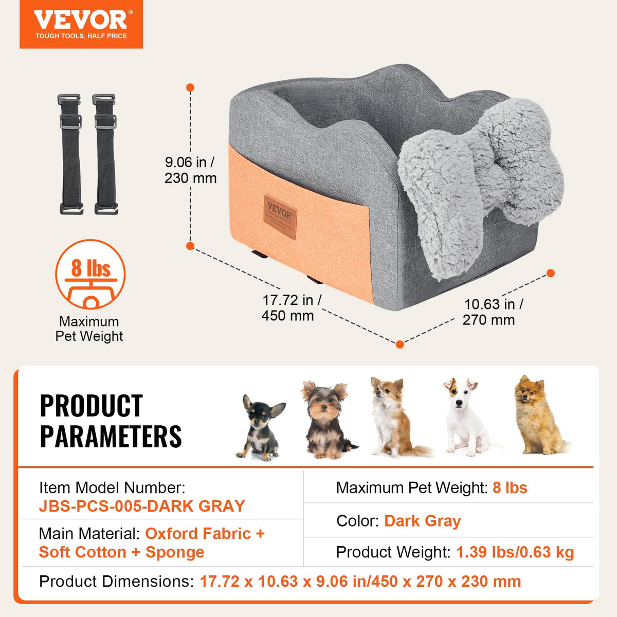 VEVOR - Asiento de Automóvil para Perro, Consola Central para Perros pequeños, Asiento de Mascota para reposabrazos de Automóvil con Correa de Clip, Correas Ajustables, soporta hasta 8 Libras, Gris Oscuro