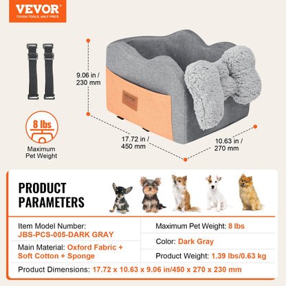 VEVOR - Asiento de Automóvil para Perro, Consola Central para Perros pequeños, Asiento de Mascota para reposabrazos de Automóvil con Correa de Clip, Correas Ajustables, soporta hasta 8 Libras, Gris Oscuro