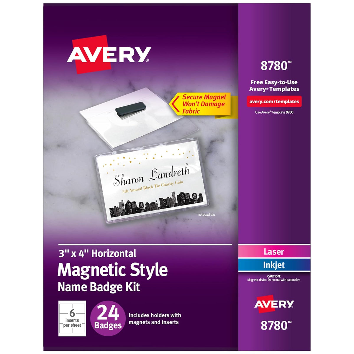 Avery - Insignias de nombre personalizables, estilo imán, 3 x 4 pulgadas, soportes para etiquetas de nombre transparente, inserciones imprimibles láser blanco/inyección de tinta, 24 en total (8780) - 24 insignias