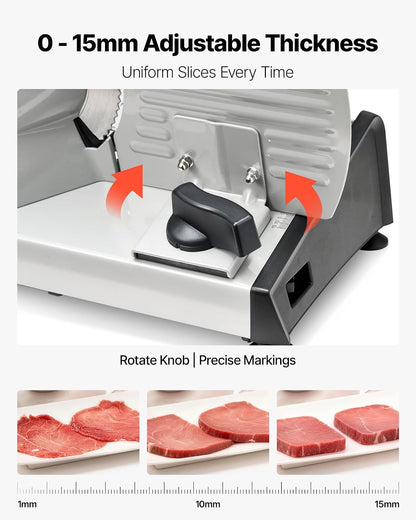 VEVOR Rebanadora de carne, cortadora eléctrica de fiambres de 7.5 pulgadas y 200 W con cuchilla SUS420, grosor ajustable de 0 a 0.6 pulgadas, con certificación ETL para carne, jamón, baguett y filete.