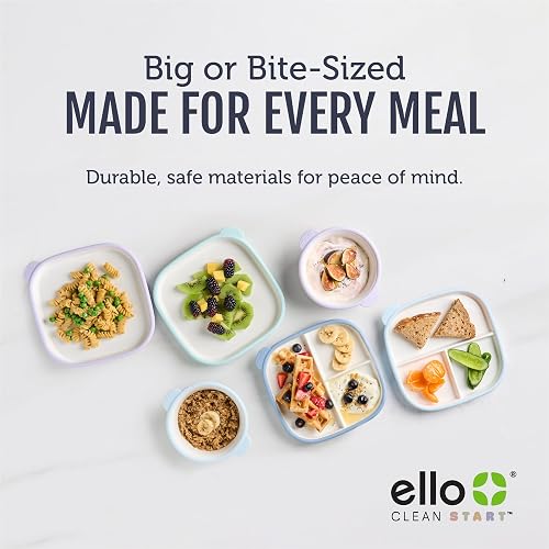 Ello Clean Start - Juego de 2 platos de cerámica sin BPA con funda de silicona para bebés y niños pequeños, apto para microondas y lavaplatos, sin plástico, apto para sillas altas, color azul
