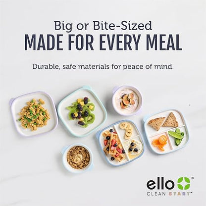 Ello Clean Start - Juego de 2 platos de cerámica sin BPA con funda de silicona para bebés y niños pequeños, apto para microondas y lavaplatos, sin plástico, apto para sillas altas, color azul