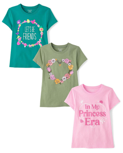 The Children's Place Playeras Estampadas de Manga Corta para Niña - M - Amigos - Corazón Floral - Era Princesa