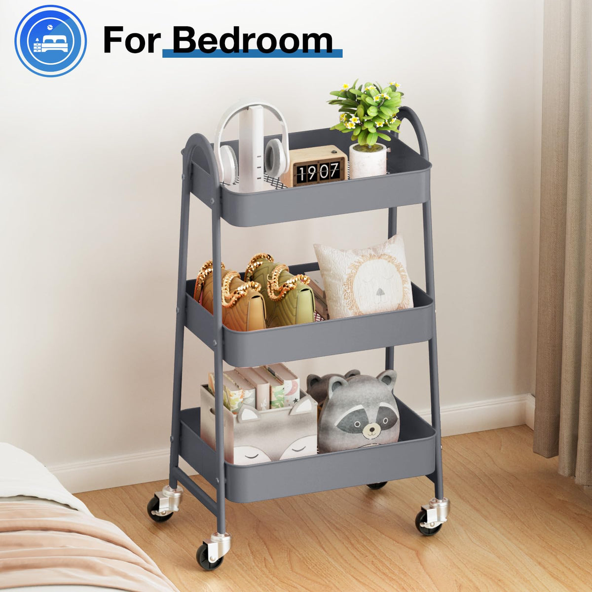 OLIXIS Carrito de Almacenamiento móvil de 3 Niveles, Carro de Almacenamiento móvil de Metal con Ruedas bloqueables, Estante de Almacenamiento Organizador para Sala de Estar, baño, Cocina y Lugares