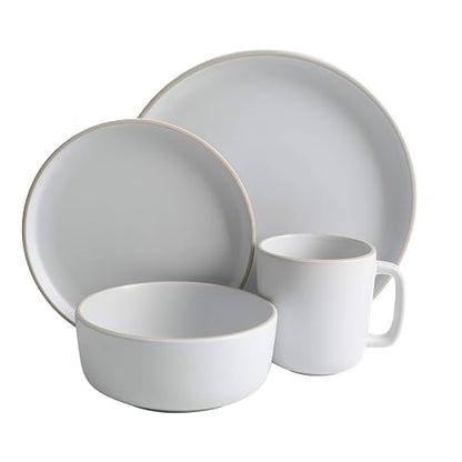 Gibson Home Zuma - Juego de vajilla redonda de cocina de 16 piezas, platos, tazones, tazas, servicio para 4, gres mate, blanco