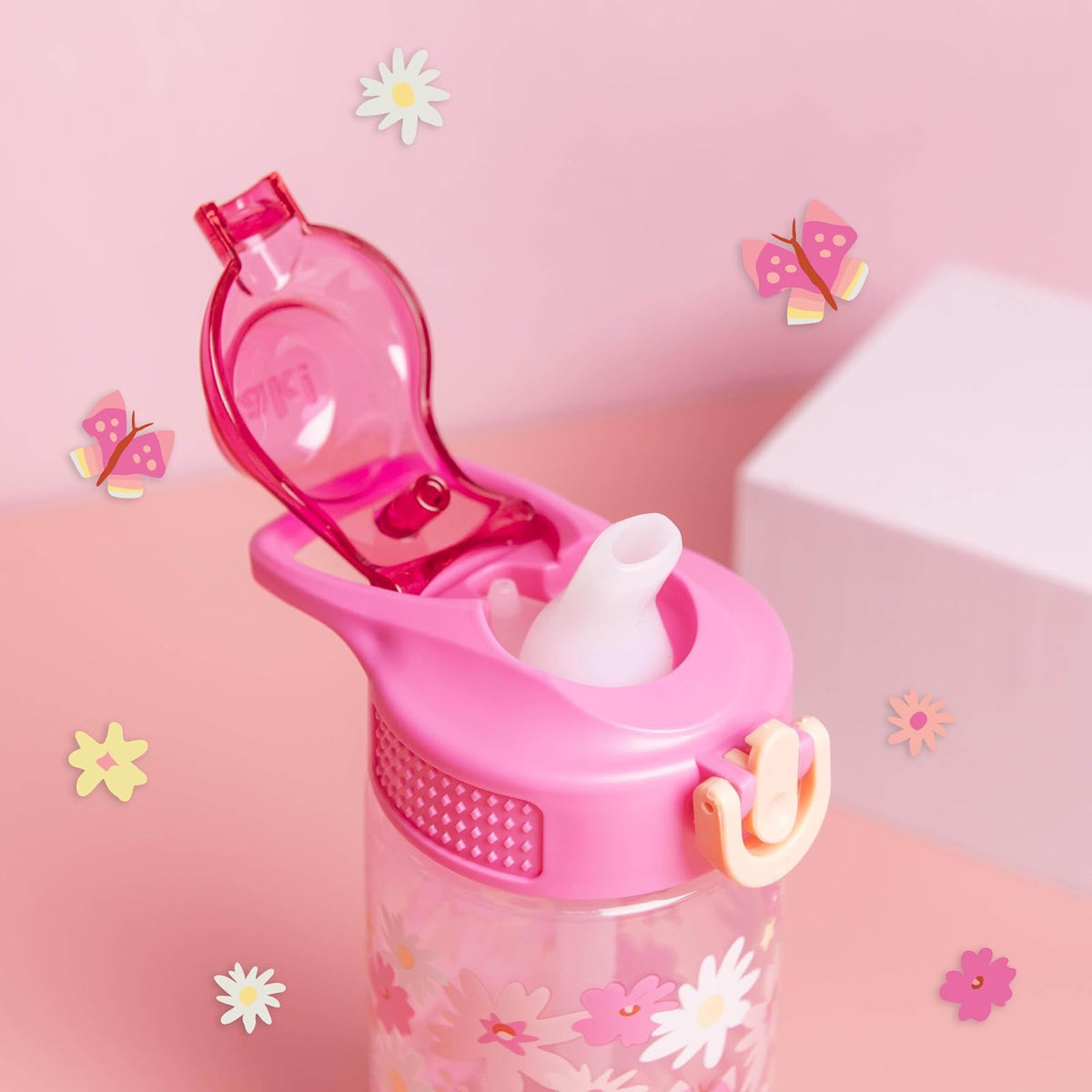Zak Designs - Botella de agua de salvia para la escuela o los viajes, botella de agua de plástico duradera de 16 onzas con popote, mango y a prueba de fugas, cubierta de boquilla desplegable (Flower