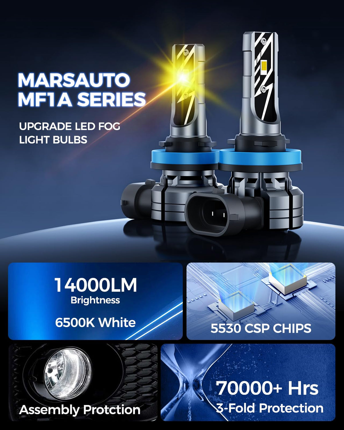Marsauto Foco LED Antiniebla H11/H16/H8 MF1A H11Y | Amarillo, 14000 lm, 3000K, paquete de 2, 70,000 horas, IP68