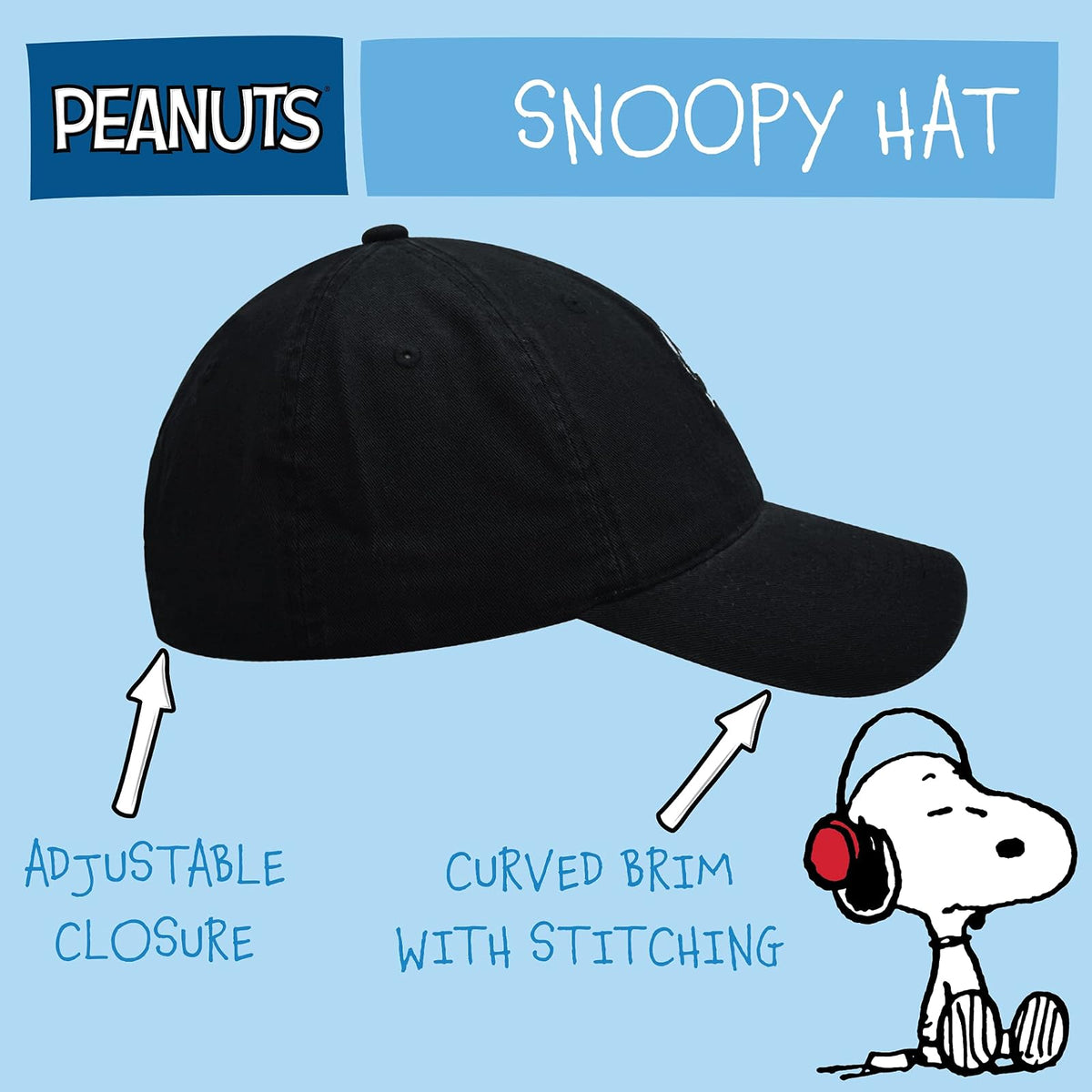 Concept One Peanuts Snoopy Dad Hat, Adult Adjustable Baseball Cap with Curved Brim