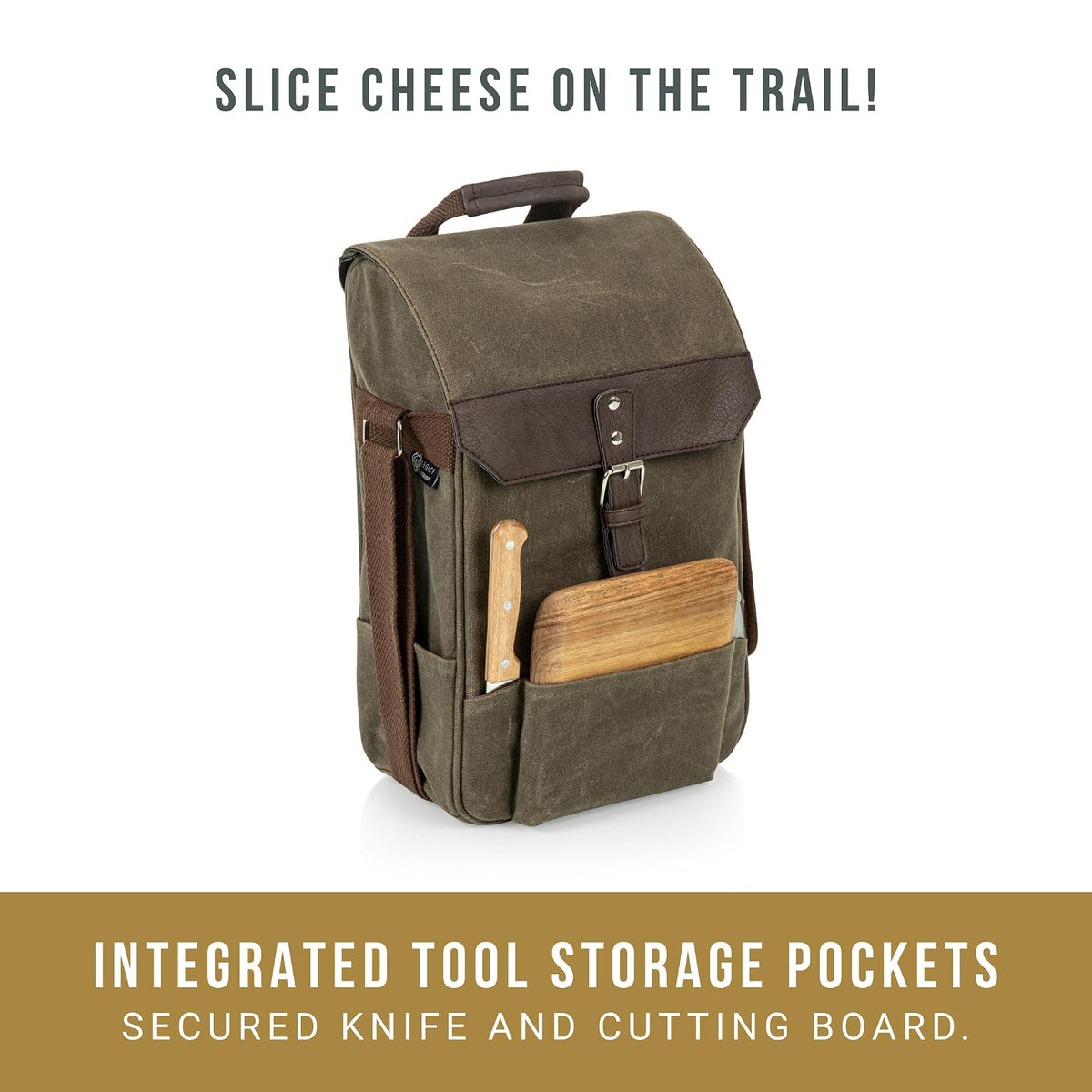 Picnic Time - Bolsa de Vino aislada de 2 Botellas con Tabla de Queso y Juego de Cuchillos, Bolsa de Picnic para Vino, Lona Encerada Envejecida, (Verde Caqui con Detalles café)