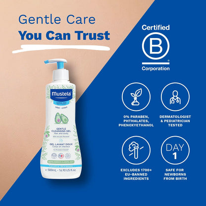 Mustela Baby Gel limpiador suave - Gel de baño para cabello y cuerpo de bebé - con aguacate natural fortificado con vitamina B5 - Fórmula biodegradable y sin desgarros - 16.90 fl. onz.