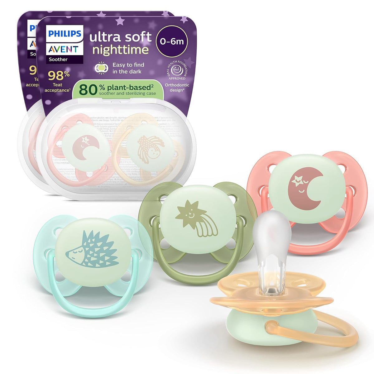 Philips Avent - Chupones nocturnos ultra suaves - Diseño ortodóntico, para bebés de 0 a 6 meses, brilla en la oscuridad, escudo flexible, pezón de silicona simétrica, sin BPA, fundas esterilizantes