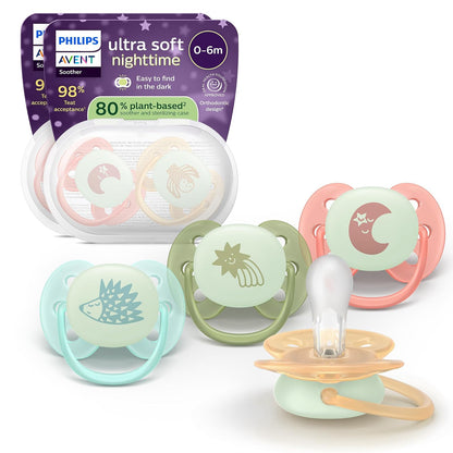 Philips Avent - Chupones nocturnos ultra suaves - Diseño ortodóntico, para bebés de 0 a 6 meses, brilla en la oscuridad, escudo flexible, pezón de silicona simétrica, sin BPA, fundas esterilizantes
