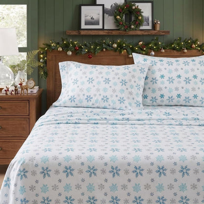 Eddie Bauer – Colección Franela – Juego de sábanas 100% algodón de Primera Calidad, preencogidas y cepilladas para Mayor suavidad, Comodidad y sensación acogedora, Queen, Copo de Nieve lanzado