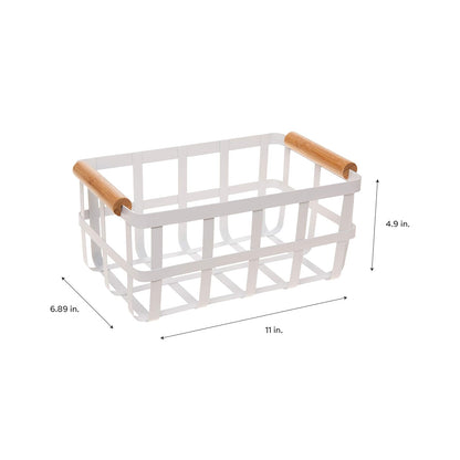 Simplify Cesta Rectangular de Almacenamiento de Metal con Asas de bambú, Grande, Cesta de Alambre Estilo Granja | Organizador del hogar, Decorativo, rústico | Blanco