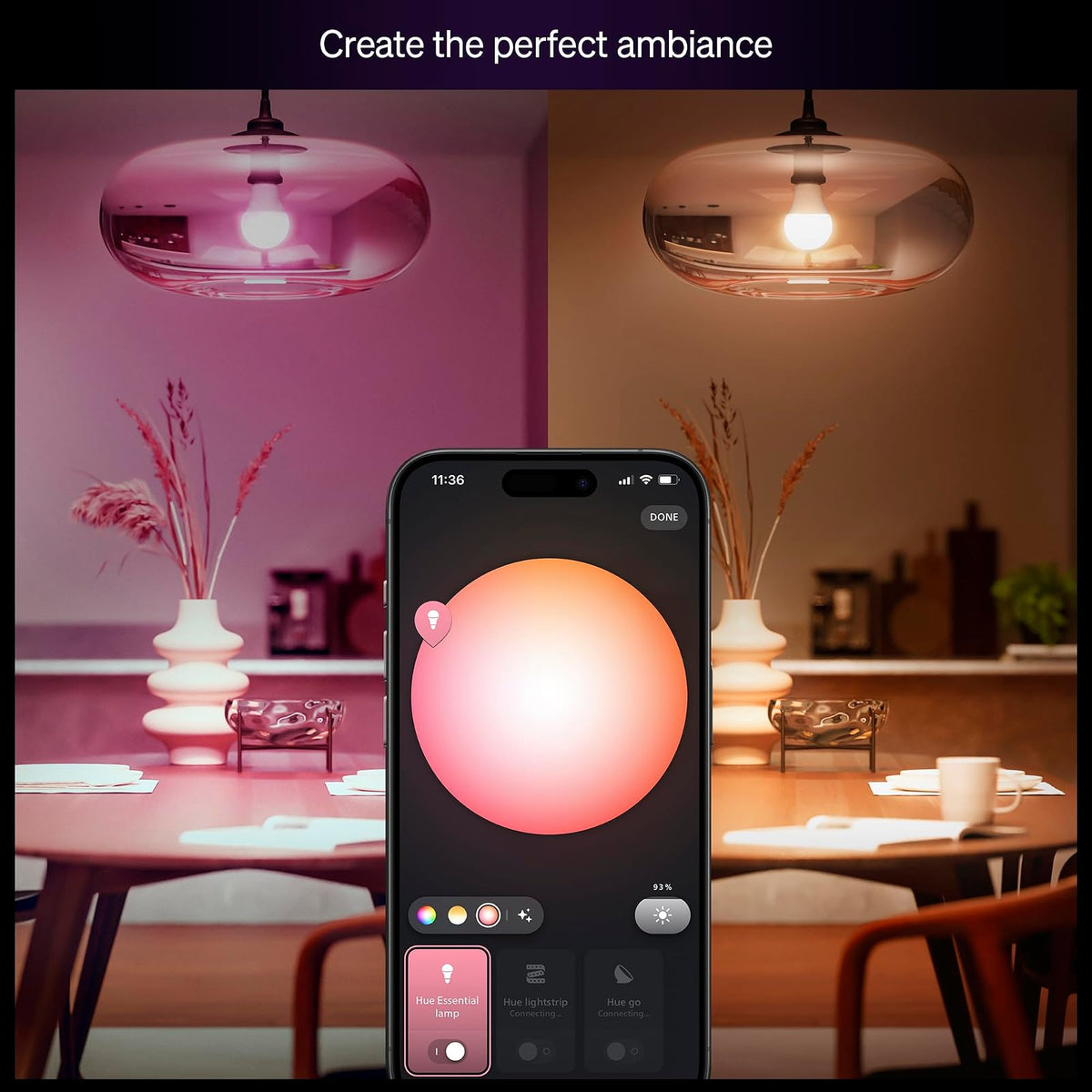 Philips Hue Foco LED inteligente esencial A19, Ambientación blanca y de color, base E26, 8.8W, 2200K-6500K, 800 lúmenes, regulable, funciona con Alexa, Google y Apple Home, paquete de 2