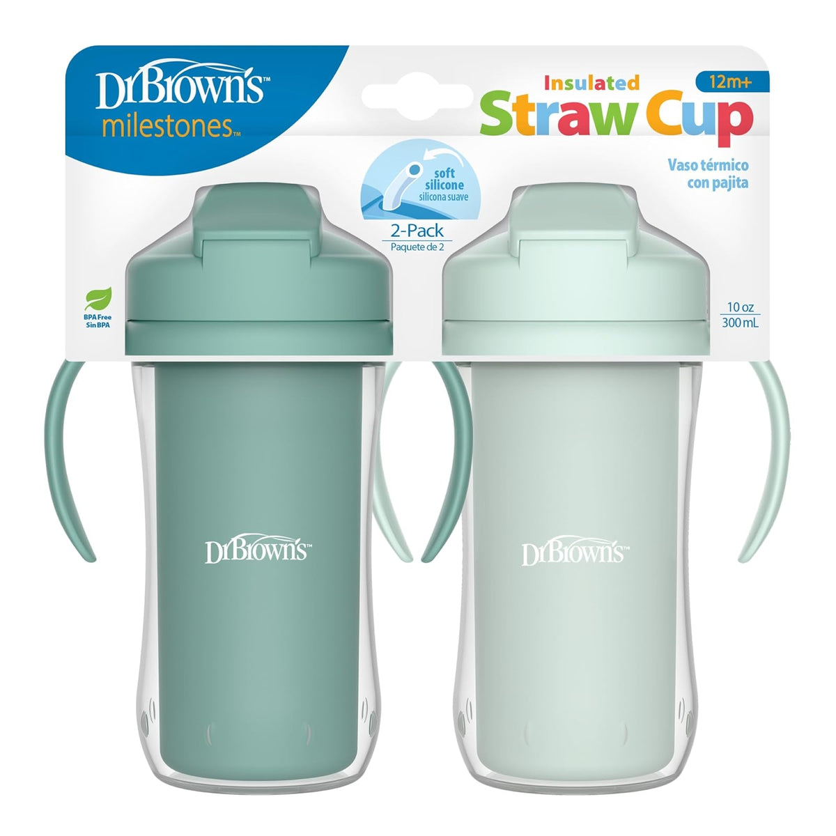 Dr. Brown's Milestones Taza con Popote Aislada, 10 Oz, Paquete de 2 - Paquete de 2, Verde
