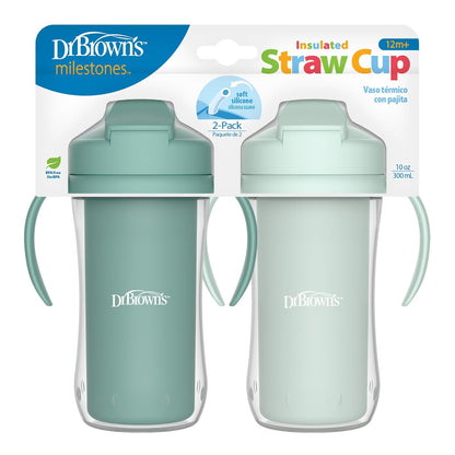 Dr. Brown's Milestones Taza con Popote Aislada, 10 Oz, Paquete de 2 - Paquete de 2, Verde