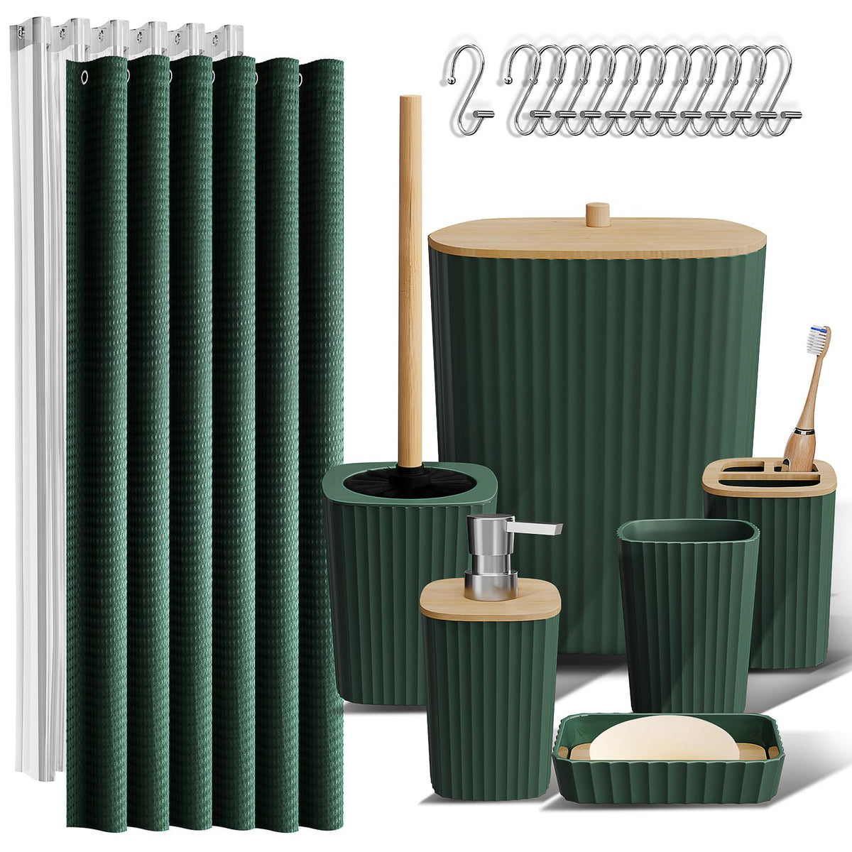 Clara Clark - Juego de Accesorios de baño, Juego de 20 Piezas de Accesorios de baño, Juego de Cortina de Ducha, Cepillo para Polvo de Inodoro, Bote de Basura y dispensador de jabón - Juego completo - Verde cazador