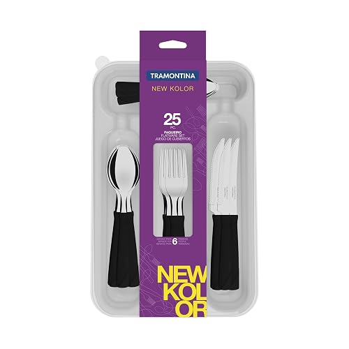 TRAMONTINA - Juego de Cubiertos New Kolor, Cubertería Acero Inoxidable, Polipropileno, 25 Piezas, Color Negro