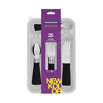 TRAMONTINA - Juego de Cubiertos New Kolor, Cubertería Acero Inoxidable, Polipropileno, 25 Piezas, Color Negro