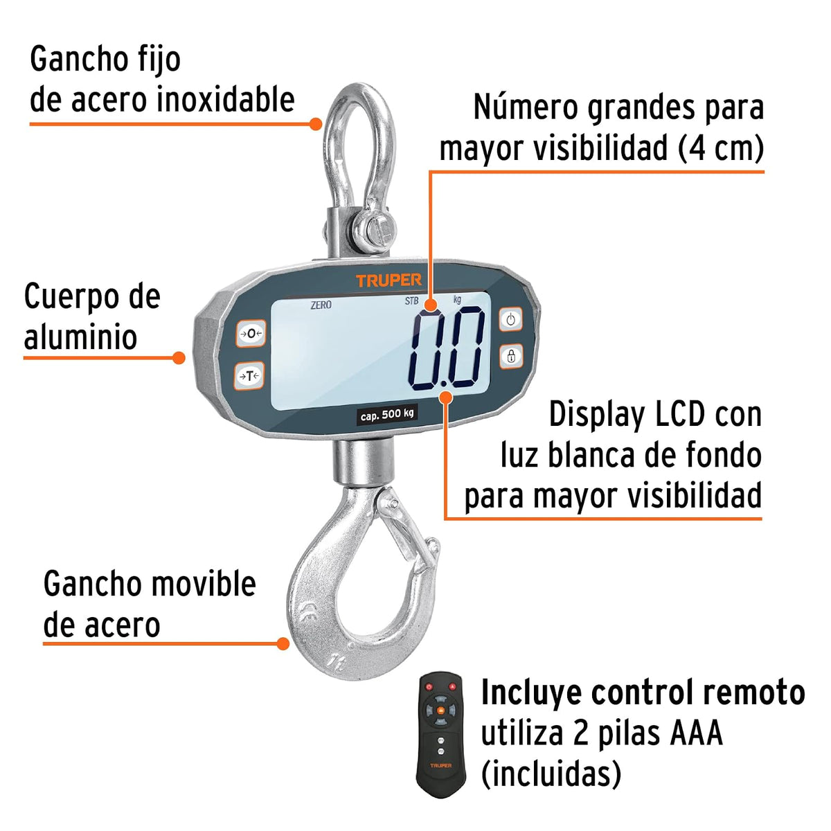 Truper BASE-500C, Báscula electrónica colgante 500 kg recargable diseño compacto y ligero