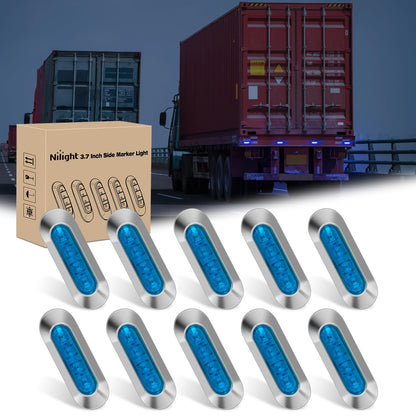 Nilight - 10 luces laterales ovaladas azules, 4 luces LED de 3.7 pulgadas, IP68, impermeable, CC 12-24 V, con bisel chapado en cromo, universal, para coche, camión, autobús, remolque, barcos