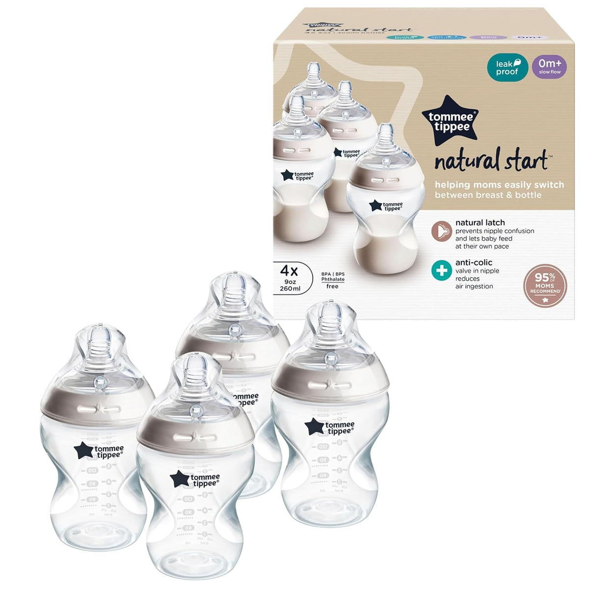 Tommee Tippee Biberones Anticólicos Natural Start, 0m+, 260ml/9oz | Paquete de 4, Tetina Flujo Lento Tipo Pecho, Autoesterilizable, Fácil Transición Pecho-Mamila, Transparente, Libre de BPA