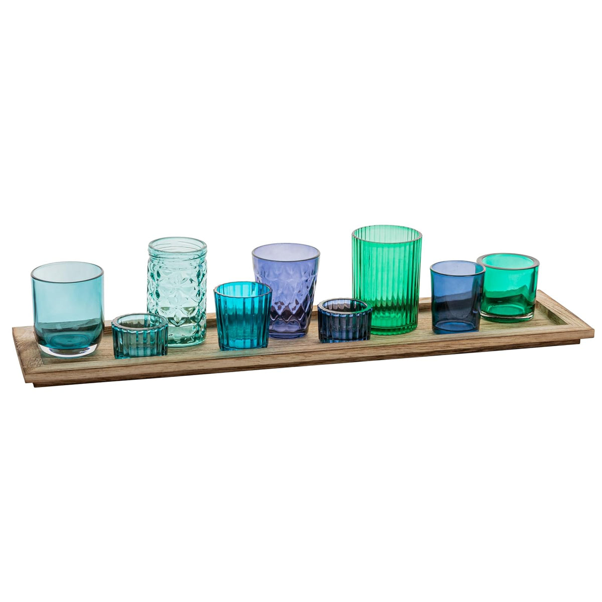Creative Co-Op Bandeja de Madera con 9 Soportes votivos de Vidrio Azul y Verde