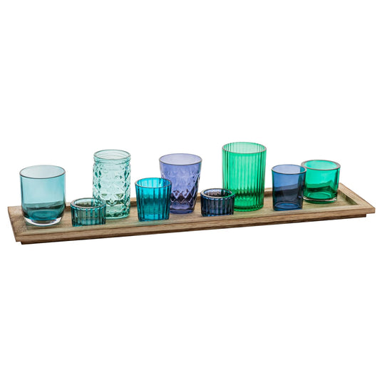Creative Co-Op Bandeja de Madera con 9 Soportes votivos de Vidrio Azul y Verde