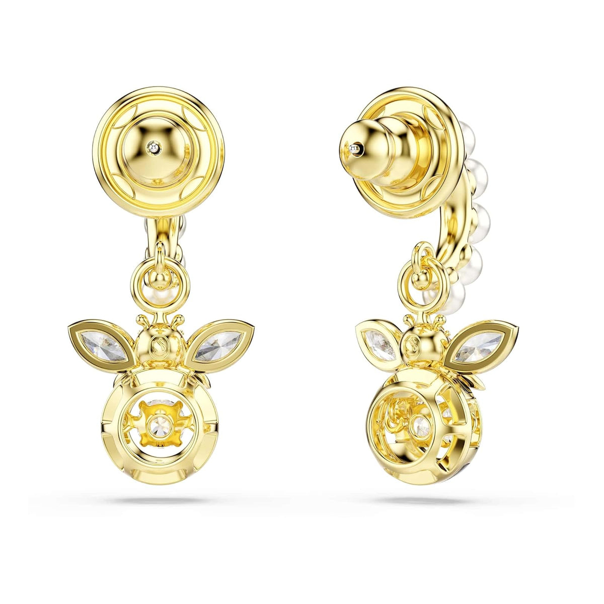 arete Swarovski Idyllia, perlas de vidrio, cortes mixtos, abeja, multicolor, baño dorado