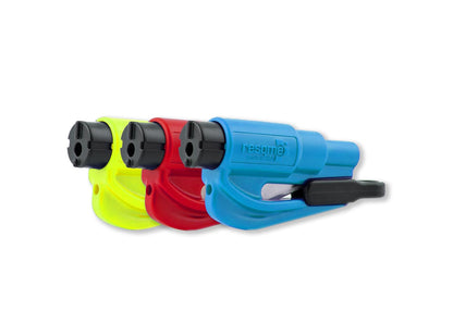 resqme Herramienta de Emergencia 2 en 1, Corta Cinturón y Rompe Vidrios - 3 paquetes - Azul, rojo, amarillo de seguridad