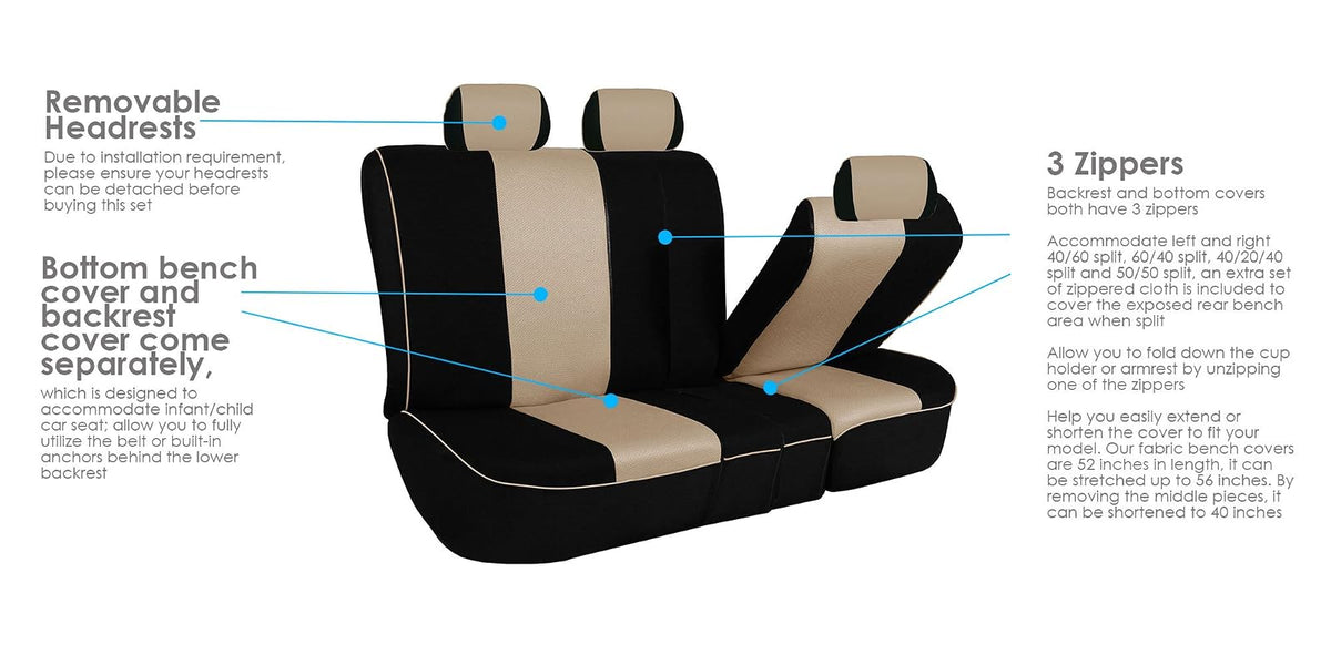 FH GROUP FH-FB063128 Three Row Cloth Car Seat Covers with Piping Airbag & Split Ready Beige/Black- Fit Most Car, Truck, SUV, or Van