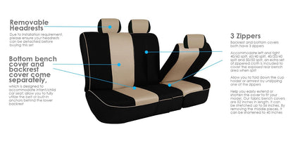 FH GROUP FH-FB063128 Three Row Cloth Car Seat Covers with Piping Airbag & Split Ready Beige/Black- Fit Most Car, Truck, SUV, or Van