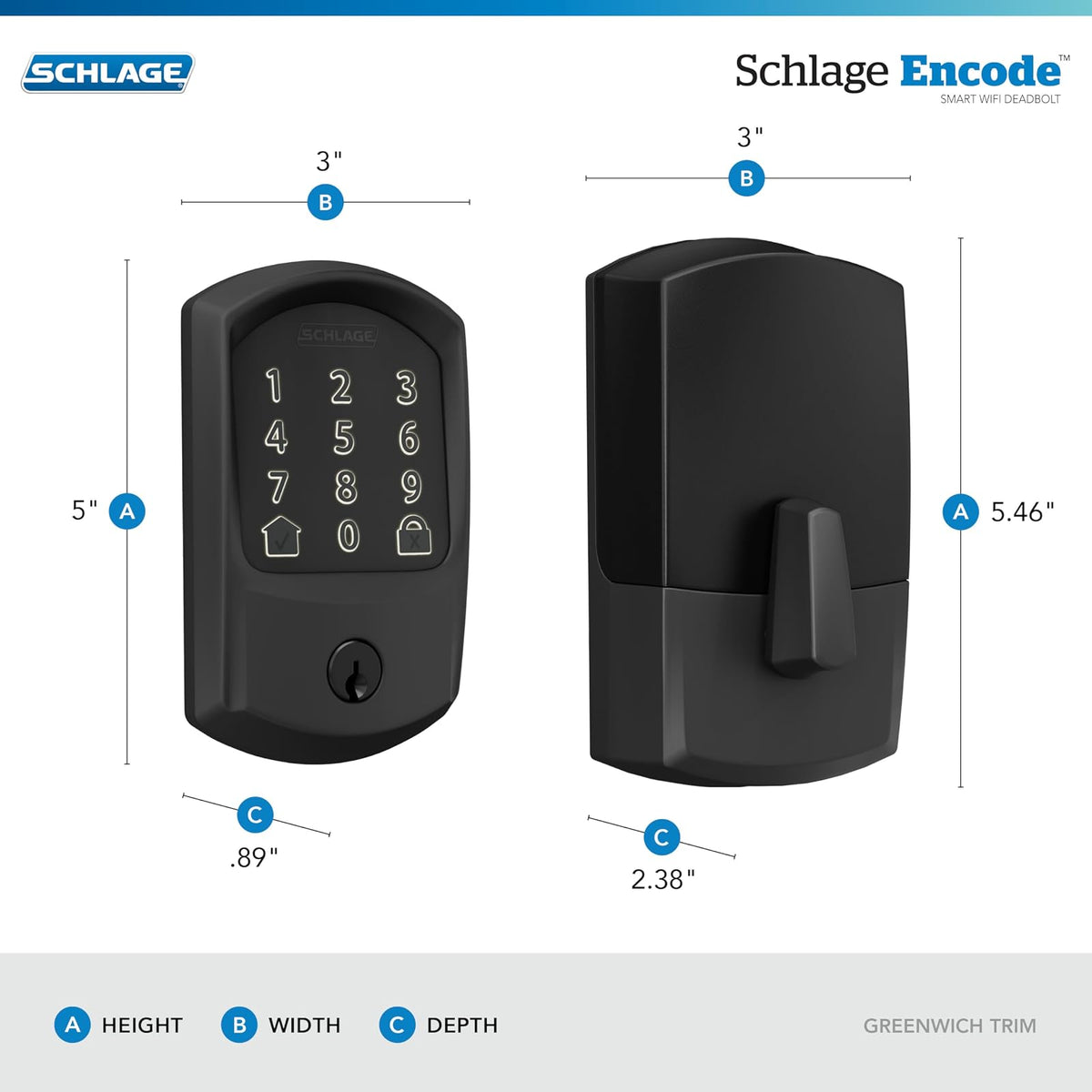 SCHLAGE BE489WB GRW 622 - Cerradura inteligente con cerrojo de seguridad WiFi, cerradura de puerta con visualización táctil sin llave con ribete Greenwich, negro mate